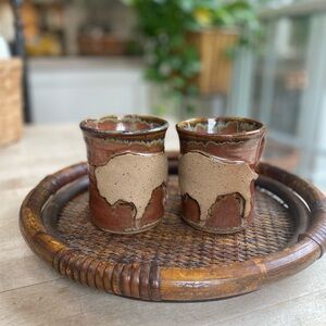 Yoder Pottery Glazed raised Buffalo Motif Mugs, Handmade